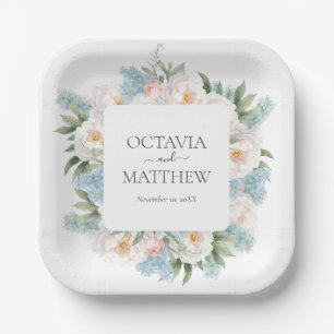 SOFT BLUE PINK BLOOMING FLOWERS MONOGRAM WEDDING PAPER PLATE