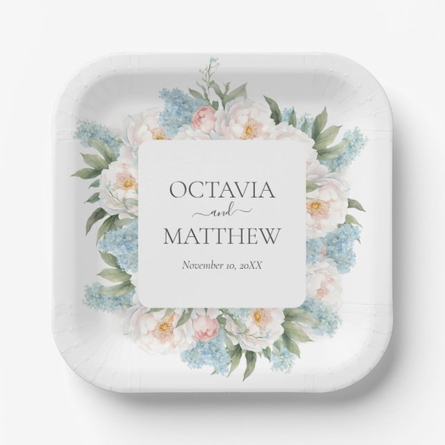 SOFT BLUE PINK BLOOMING FLOWERS MONOGRAM WEDDING PAPER PLATE (Front)