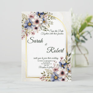 Soft Blue Pink Floral Frame Elegant Wedding Invite