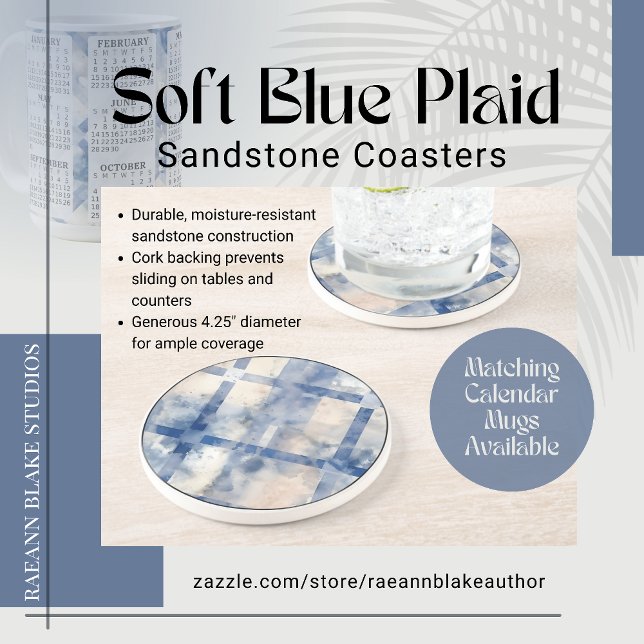 Soft Blue Plaid Round Sandstone Coaster (Creator Uploaded)