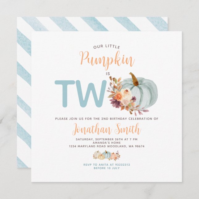 Soft Blue Pumpkin Is Two Birthday Rustic Floral Invitation (Front/Back)