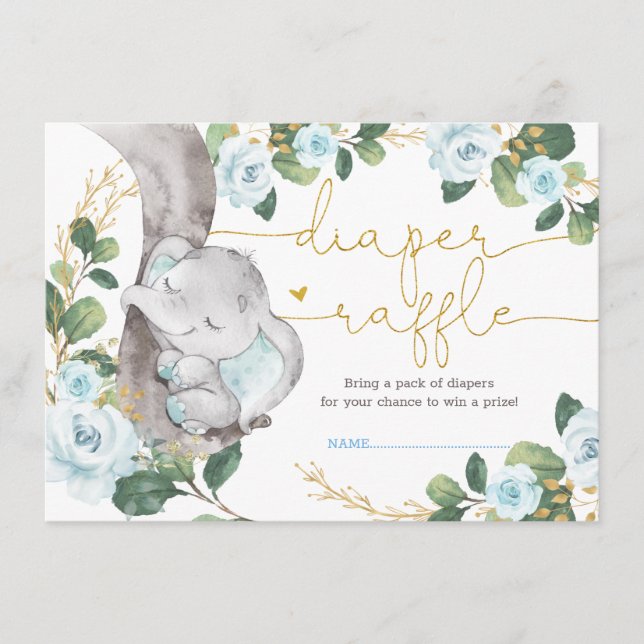 Soft Blue Roses Elephant Greenery Diaper Raffle Enclosure Card (Front)