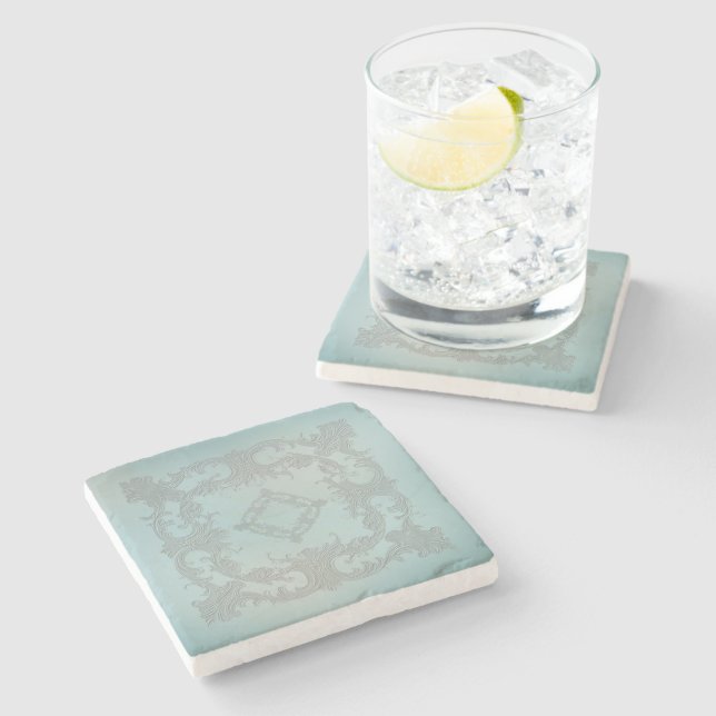 Soft blue Scrolls with an old world feel Stone Coaster (Side)