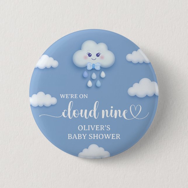 Soft blue sky white fluffy cloud nine baby shower 2 inch round button (Front)
