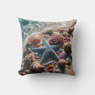 Soft Blue Starfish Seashells Beach Throw Pillow