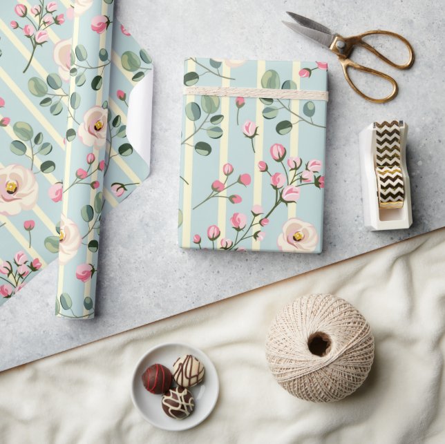 Soft Blue Striped Floral Wrapping Paper (Crafts)