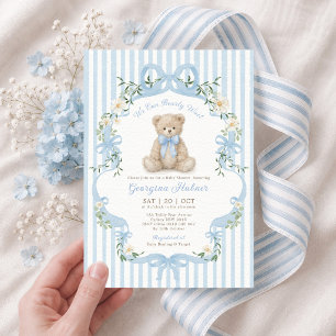 Soft Blue Striped Teddy Bear Boy Baby Shower Invitation