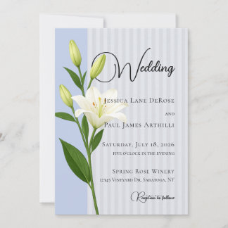 Soft Blue Striped White Lily Wedding Invitation