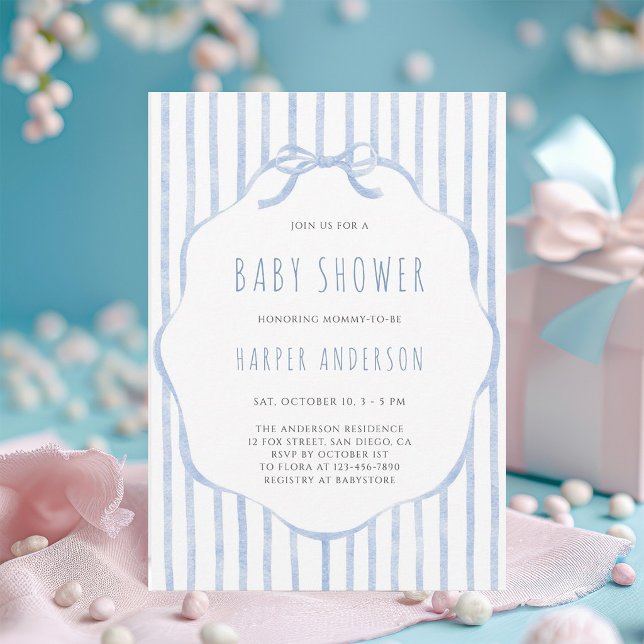 Soft Blue Stripes with Frame Boy Baby Shower Invitation (Creator Uploaded)