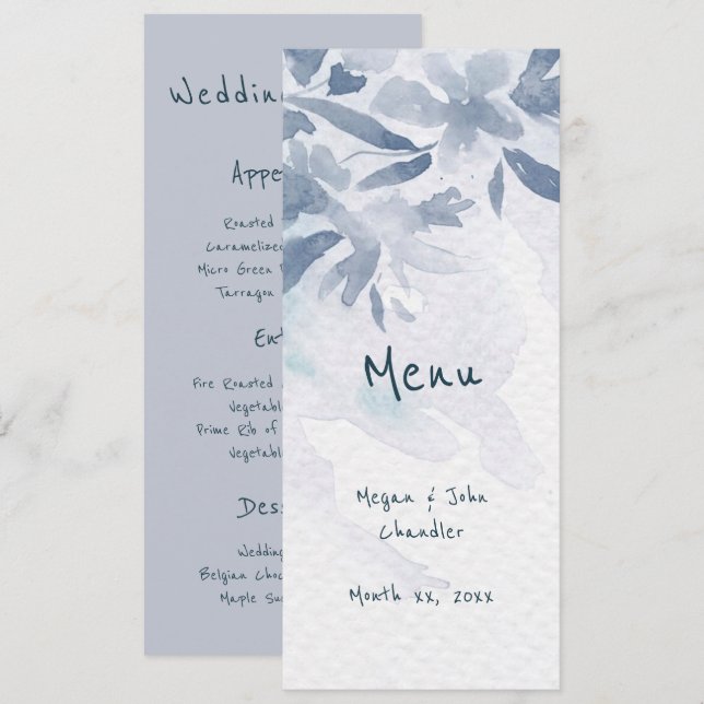 Soft Blue Watercolor Leaves Wedding Menu (Front/Back)