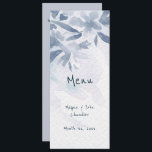 Soft Blue Watercolor Leaves Wedding Menu<br><div class="desc">This Wedding Menu Card is designed in with soft blue watercolor leaves on front with the text: Menu, The Bride and Groom's Names and Wedding Date. The reverse side includes: Wedding Menu, and your Appetizer, Entre and Dessert Selections. To personalize, simply insert all your details into our step-by-step template replacing...</div>