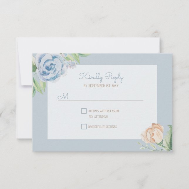 Soft Blue Watercolor Sketched Floral RSVP Card (Front)