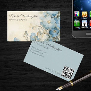 Soft Blue Watercolor Wildflowers with QR Code  Business Card