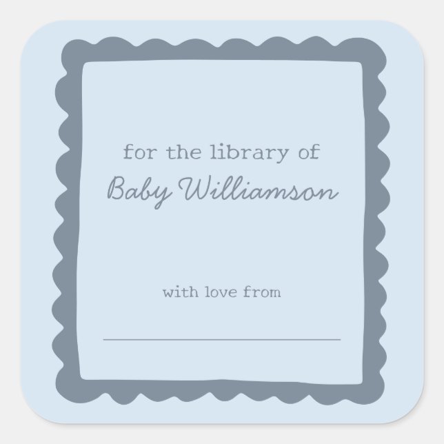 Soft Blue Whimsical Border Baby Library Bookplate Square Sticker (Front)