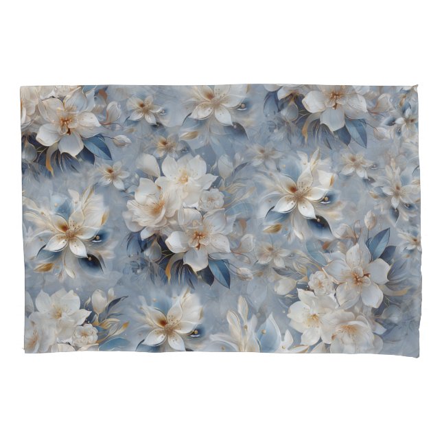Soft Blue, White and Gold Flowers on Silk Pillowcase (Front)