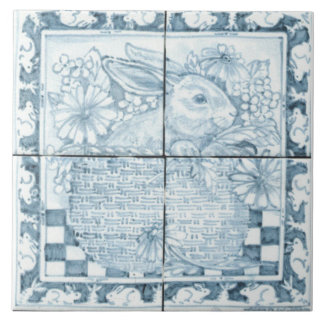Soft Blue & White Antique Look Bunny Rabbit Basket Tile