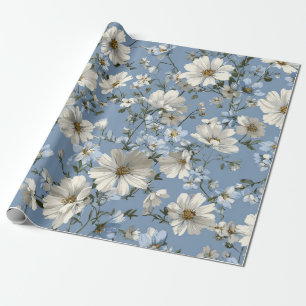 Soft Blue White Ditsy Flower Pastel Boho 70s Wrapping Paper