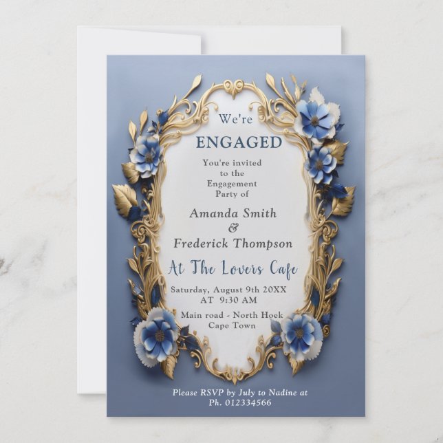 Soft Blue, White Flowers & Gold frame decor Invitation (Front)