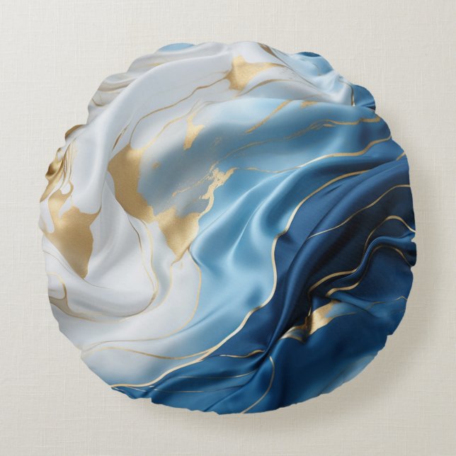 Soft Blue White Marble with Gold Round Pillow (Front)