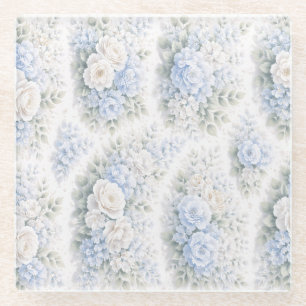Soft Blue White Watercolor Floral Elegant Romantic Glass Coaster