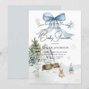 Soft Blue Winter Wonderland Bunny Bow Baby Shower Invitation