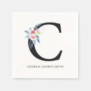 SOFT BLUSH BLUE BLACK FLORAL ALPHABETS LETTER C NAPKIN