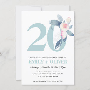 SOFT BLUSH BLUE FLORAL 20TH ANY YEAR ANNIVERSARY INVITATION