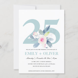 SOFT BLUSH BLUE FLORAL 25TH ANY YEAR ANNIVERSARY INVITATION