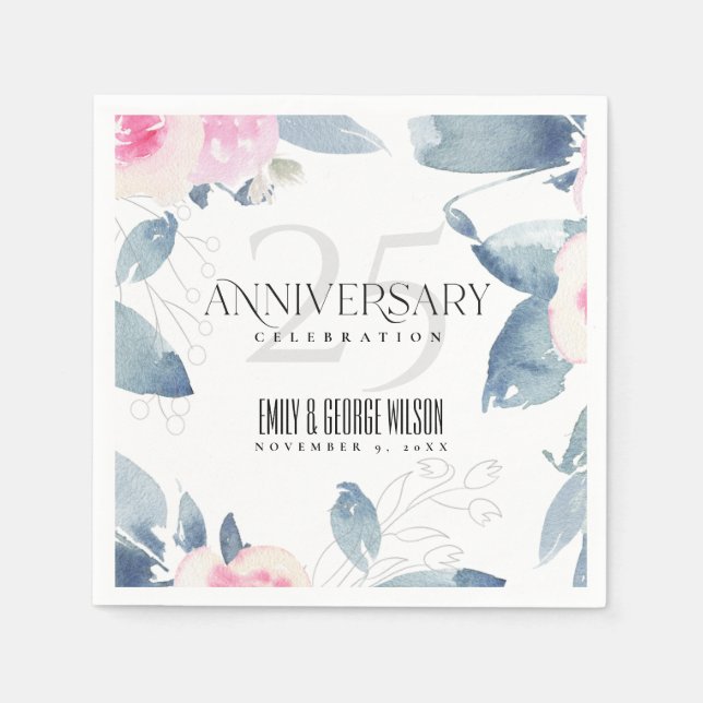 SOFT BLUSH BLUE FLORAL 25TH ANY YEAR ANNIVERSARY NAPKIN (Front)