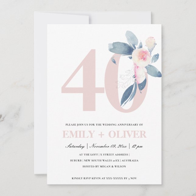 SOFT BLUSH BLUE FLORAL 40TH ANY YEAR ANNIVERSARY INVITATION (Front)