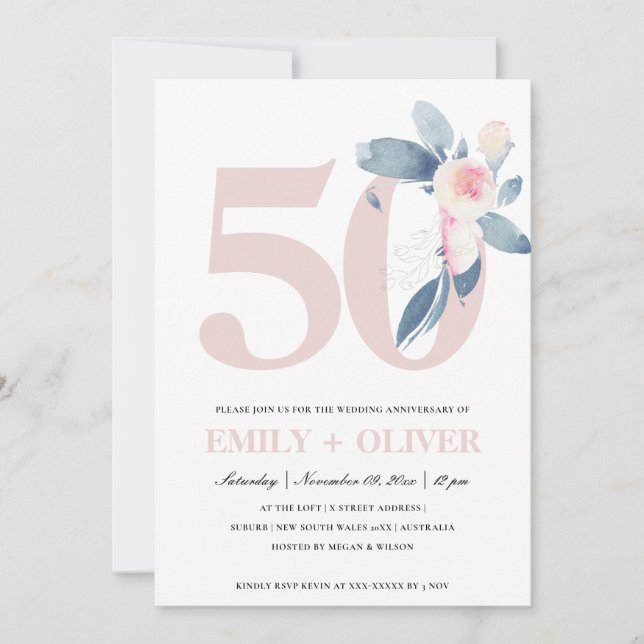 SOFT BLUSH BLUE FLORAL 50TH ANY YEAR ANNIVERSARY INVITATION (Front)
