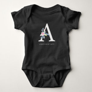 SOFT BLUSH BLUE FLORAL ALPHABETS NAME LETTER A BABY BODYSUIT