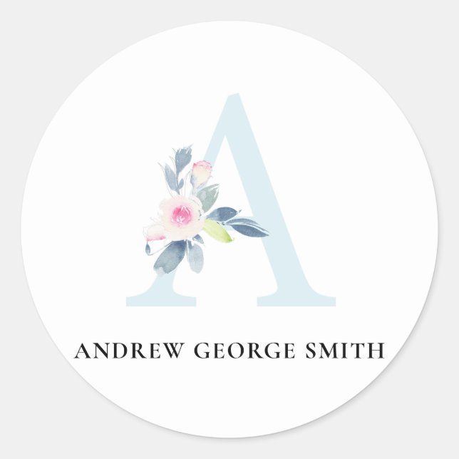 SOFT BLUSH BLUE FLORAL ALPHABETS NAME LETTER A CLASSIC ROUND STICKER (Front)