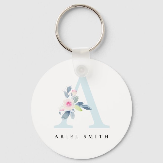 SOFT BLUSH BLUE FLORAL ALPHABETS NAME LETTER A KEYCHAIN (Front)