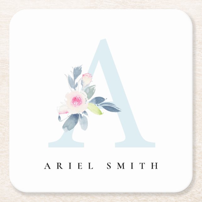 SOFT BLUSH BLUE FLORAL ALPHABETS NAME LETTER A SQUARE PAPER COASTER (Front)
