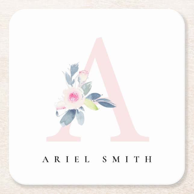 SOFT BLUSH BLUE FLORAL ALPHABETS NAME LETTER A SQUARE PAPER COASTER (Front)