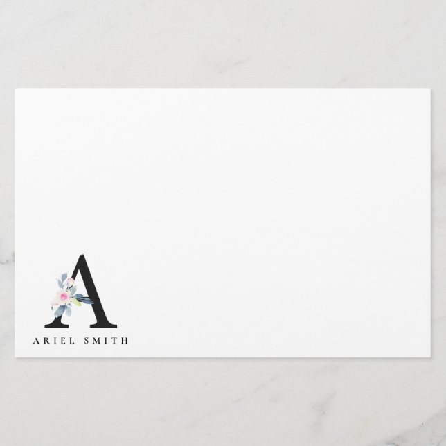 SOFT BLUSH BLUE FLORAL ALPHABETS NAME LETTER A STATIONERY (Front)
