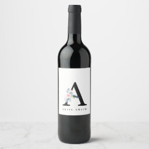 SOFT BLUSH BLUE FLORAL ALPHABETS NAME LETTER A WINE LABEL
