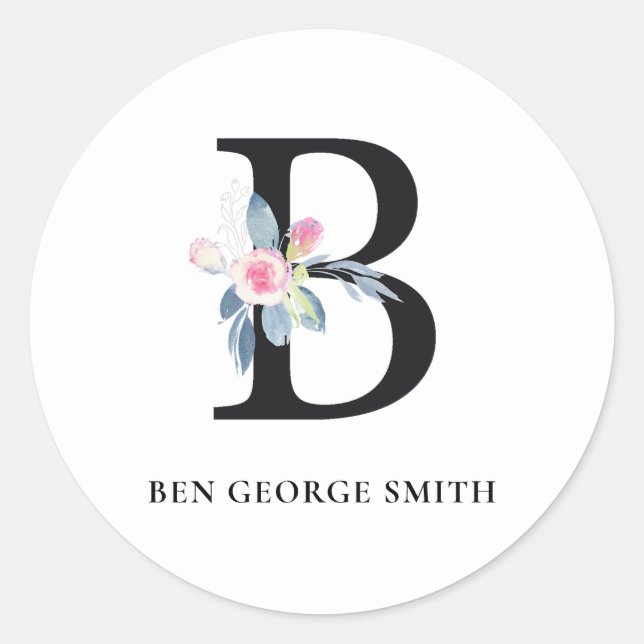 SOFT  BLUSH BLUE FLORAL ALPHABETS NAME LETTER B CLASSIC ROUND STICKER (Front)