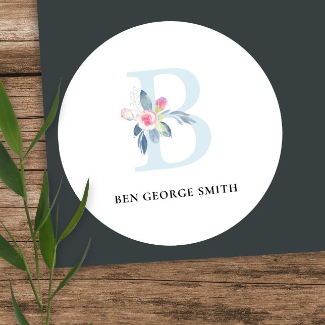 SOFT  BLUSH BLUE FLORAL ALPHABETS NAME LETTER B CLASSIC ROUND STICKER (Creator Uploaded)