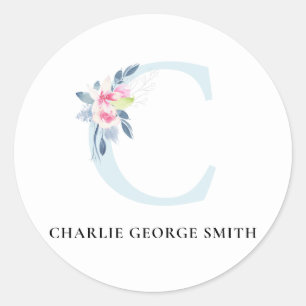 SOFT  BLUSH BLUE FLORAL ALPHABETS NAME LETTER C CLASSIC ROUND STICKER