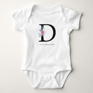 SOFT BLUSH BLUE FLORAL ALPHABETS NAME LETTER D BABY BODYSUIT