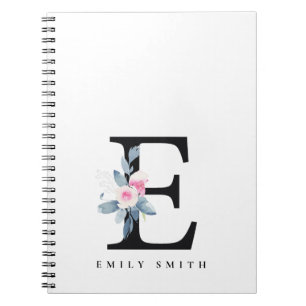 SOFT BLUSH BLUE FLORAL ALPHABETS NAME LETTER E NOTEBOOK