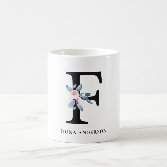 SOFT BLUSH BLUE FLORAL ALPHABETS NAME LETTER F COFFEE MUG (Center)