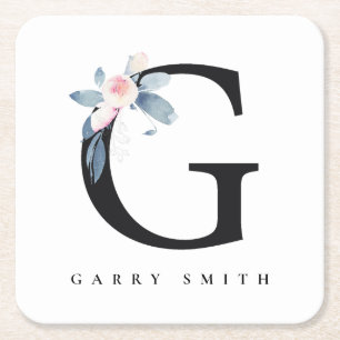 SOFT BLUSH BLUE FLORAL ALPHABETS NAME LETTER G SQUARE PAPER COASTER