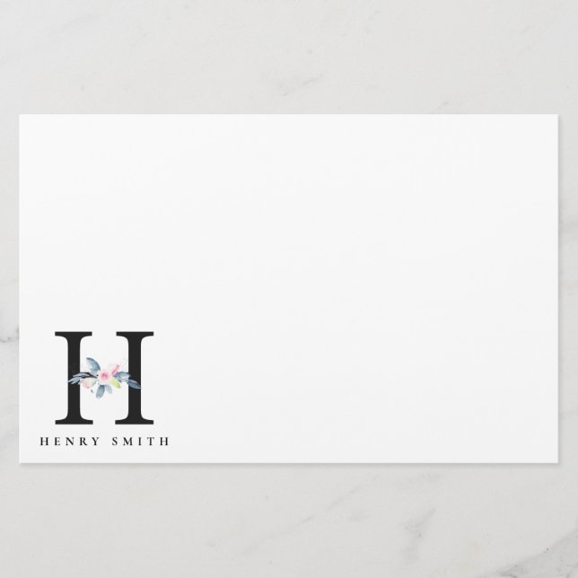SOFT BLUSH BLUE FLORAL ALPHABETS NAME LETTER H STATIONERY (Front)