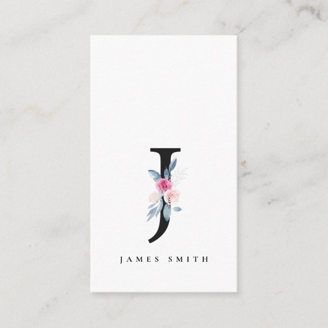 SOFT BLUSH BLUE FLORAL ALPHABETS NAME LETTER J BUSINESS CARD (Front)