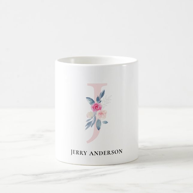 SOFT BLUSH BLUE FLORAL ALPHABETS NAME LETTER J COFFEE MUG (Center)
