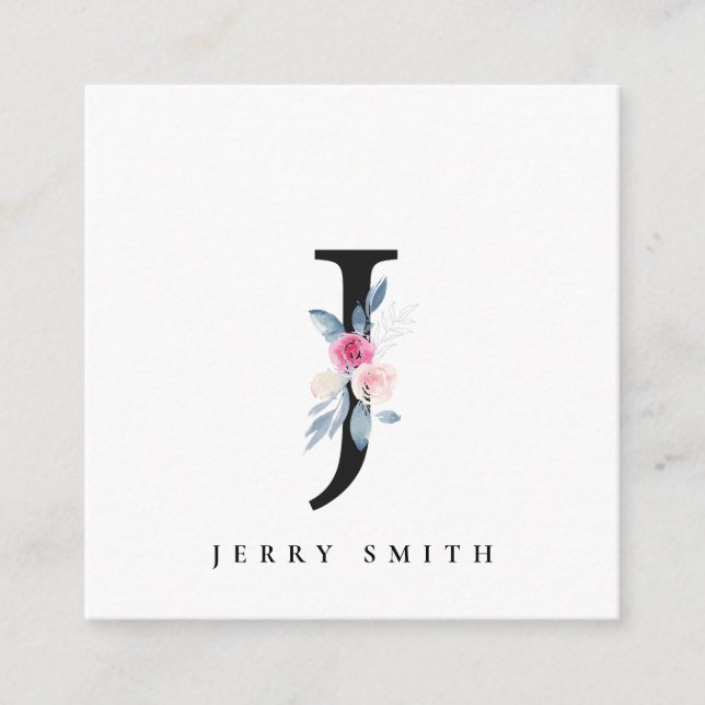 SOFT BLUSH BLUE FLORAL ALPHABETS NAME LETTER J SQUARE BUSINESS CARD (Front)