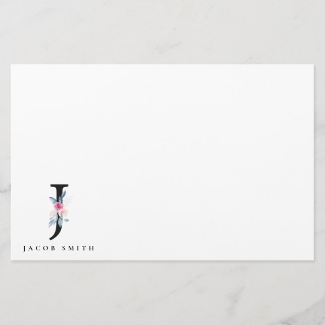 SOFT BLUSH BLUE FLORAL ALPHABETS NAME LETTER J STATIONERY (Front)